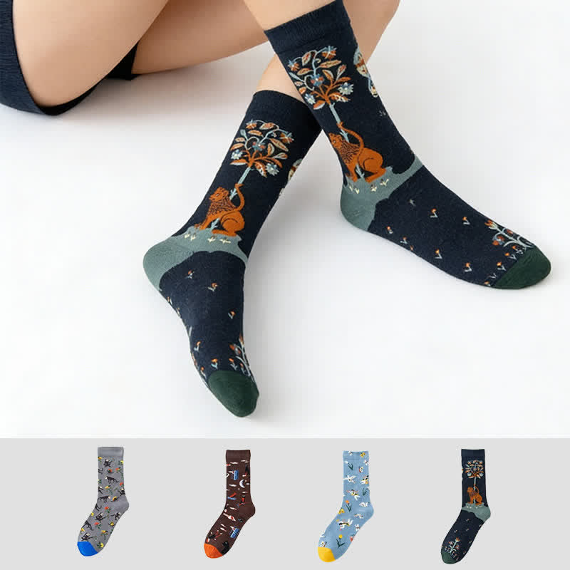 Plusock Hand Drawn Pattern Quarter Socks(4 Pairs) - Multicolor - EU35-43(US2-9) - image 0