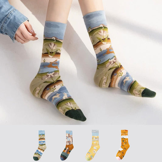 Plusock Playful Painting Pattern Quarter Socks(4 Pairs) - Multicolor - EU35-43(US2-9) - image 0
