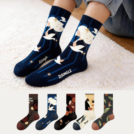Plusock Bird Cat Pattern Quarter Socks(5 Pairs) - Multicolor - EU35-43(US2-9) - image 0
