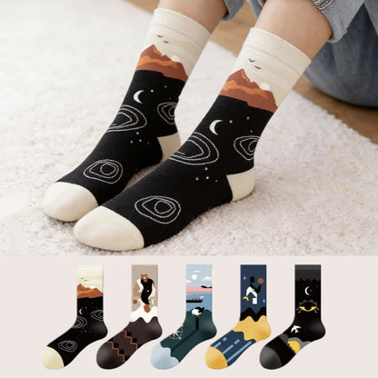 Plusock Sun Moon Pattern Quarter Socks(5 Pairs) - Multicolor - EU35-43(US2-9) - image 0
