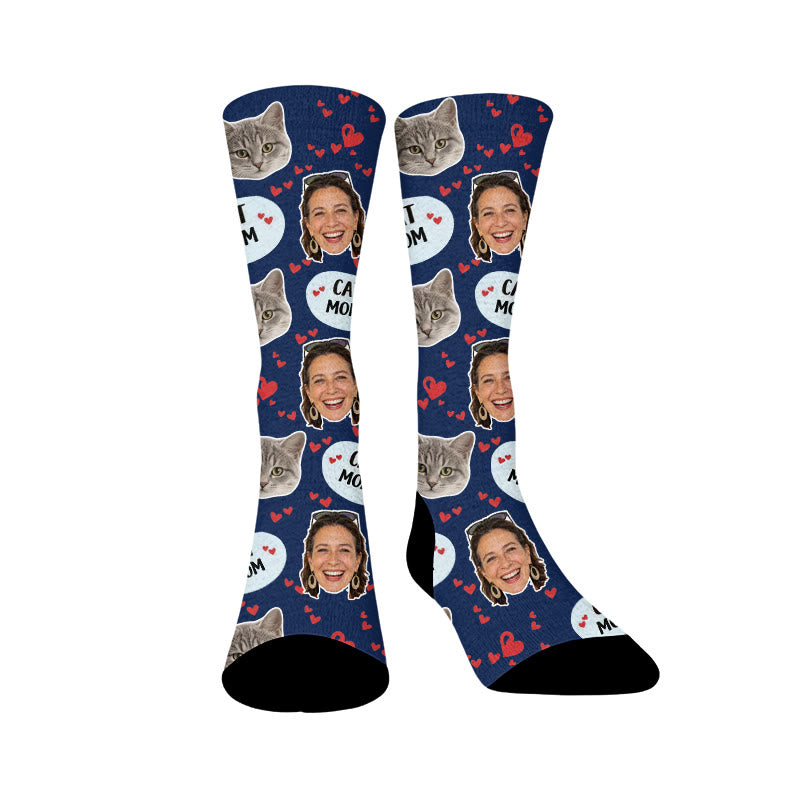 Plusock Cat Mom Dad Pet Face Custom Socks - Navy Blue - Mom - EU37-44(US4-10) - image 9