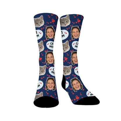 Plusock Cat Mom Dad Pet Face Custom Socks - Navy Blue - Mom - EU37-44(US4-10) - image 9