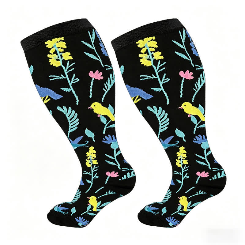 Plusock Plus Size Painted Flowers Compression Socks(3 Pairs) - Yellow - 4XL - image 5