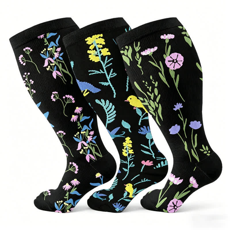 Plusock Plus Size Painted Flowers Compression Socks(3 Pairs) - Multicolor - 4XL - image 1
