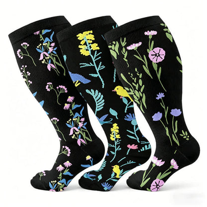 Plusock Plus Size Painted Flowers Compression Socks(3 Pairs) - Multicolor - 4XL - image 1