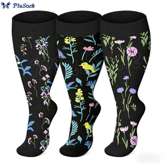 Plusock Plus Size Painted Flowers Compression Socks(3 Pairs) - image 0