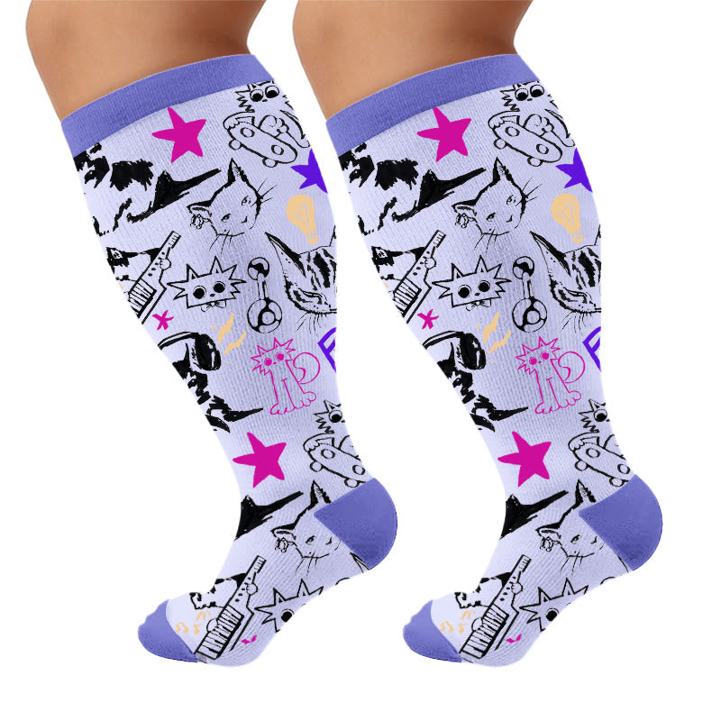 Plusock Plus Size Fun Cat Series Compression Socks - Blue(1 Pair) - 4XL - image 5