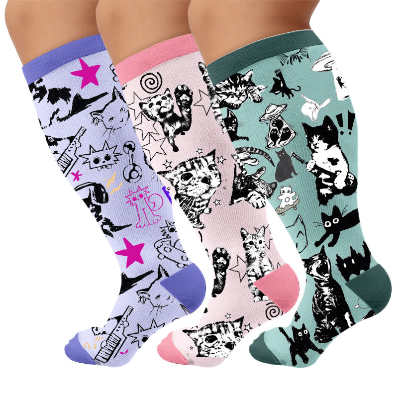Plusock Plus Size Fun Cat Series Compression Socks - Multicolor(3 Pairs) - 4XL - image 1
