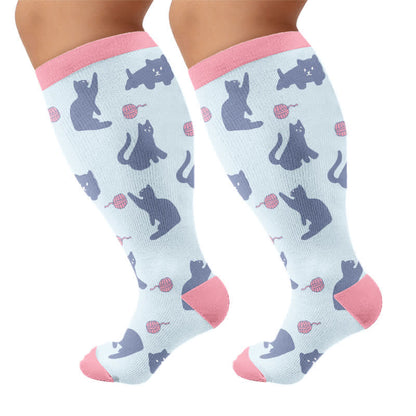 Plusock Plus Size Cute Cat Print Compression Socks - Blue(1 Pair) - 4XL - image 5