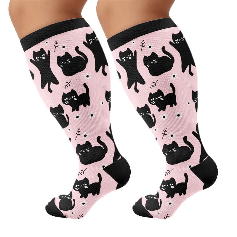 Plusock Plus Size Cute Cat Print Compression Socks - Pink(1 Pair) - 4XL - image 6