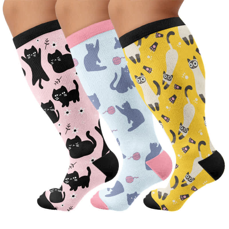 Plusock Plus Size Cute Cat Print Compression Socks - Multicolor(3 Pairs) - 4XL - image 1