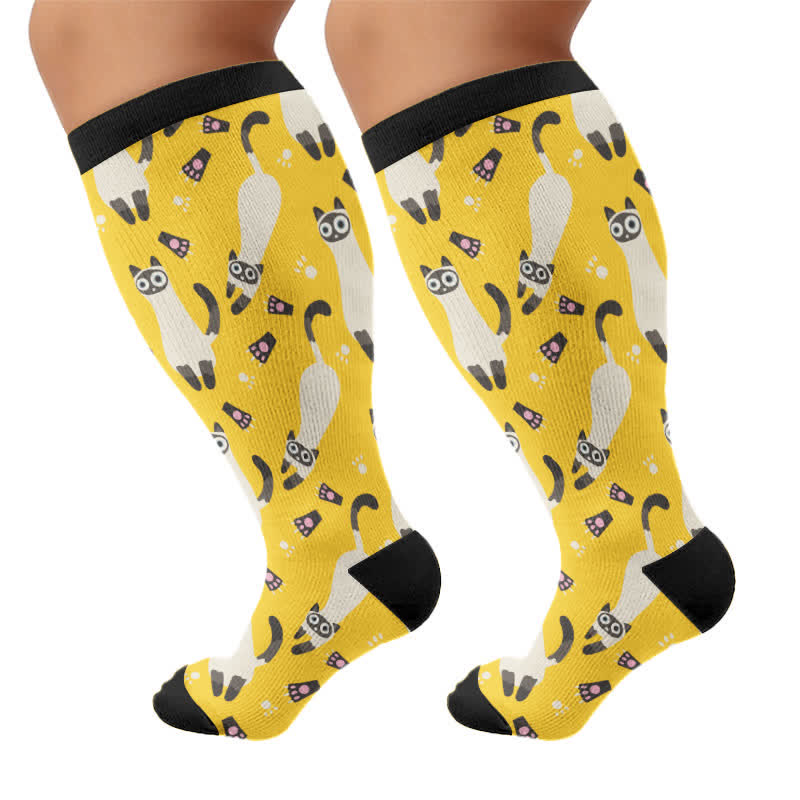 Plusock Plus Size Cute Cat Print Compression Socks - Yellow(1 Pair) - 4XL - image 7