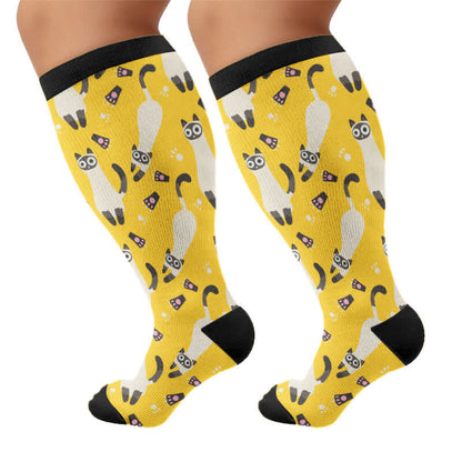 Plusock Plus Size Cute Cat Print Compression Socks - Yellow(1 Pair) - 4XL - image 7