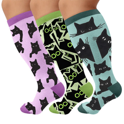 Plusock Plus Size Lazy Cat Compression Socks - Multicolor(3 Pairs) - 4XL - image 1