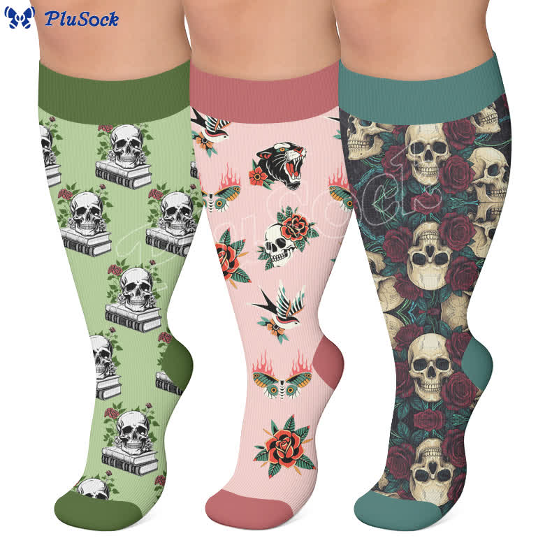 Plusock Plus Size Dark Retro Skulls Compression Socks - image 0