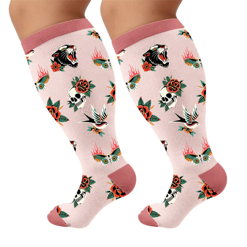 Plusock Plus Size Dark Retro Skulls Compression Socks - Pink(1 Pair) - 4XL - image 6