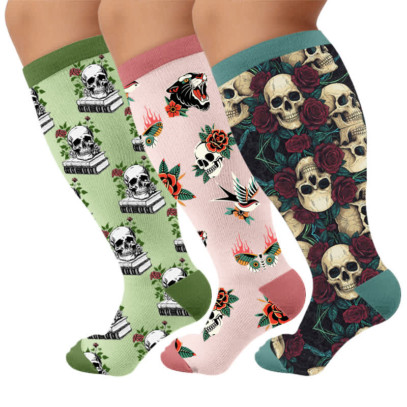 Plusock Plus Size Dark Retro Skulls Compression Socks - Multicolor(3 Pairs) - 4XL - image 1