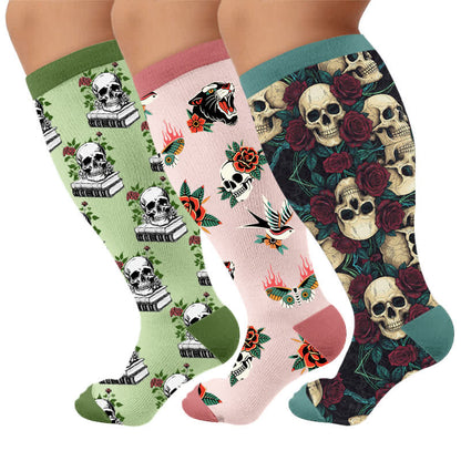 Plusock Plus Size Dark Retro Skulls Compression Socks - Multicolor(3 Pairs) - 4XL - image 1