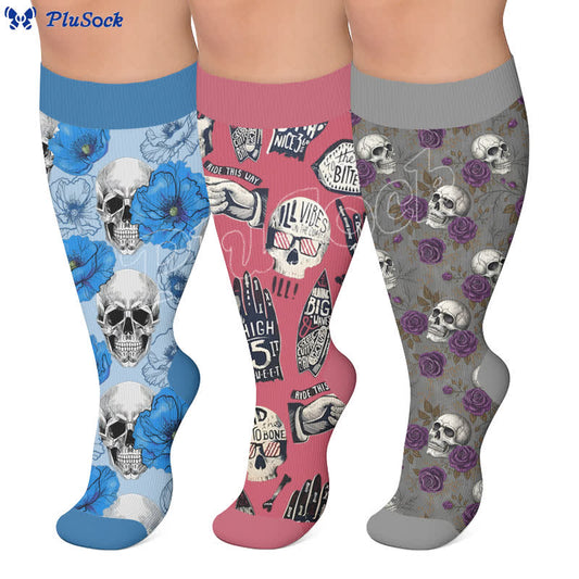 Plusock Plus Size Retro Skulls Print Compression Socks - image 0