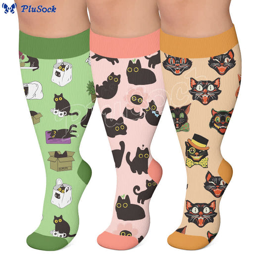 Plusock Plus Size Pastel Cat Print Compression Socks - image 0