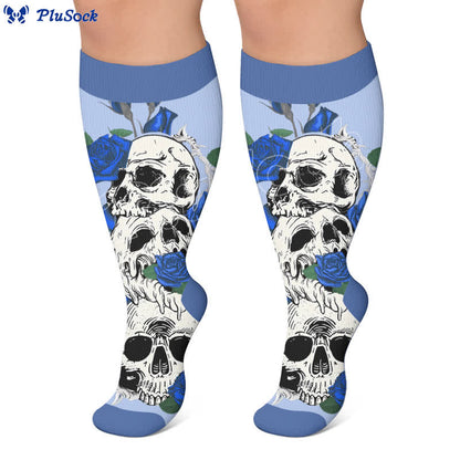 Plusock Plus Size Pink Floral Skull Compression Socks - image 3