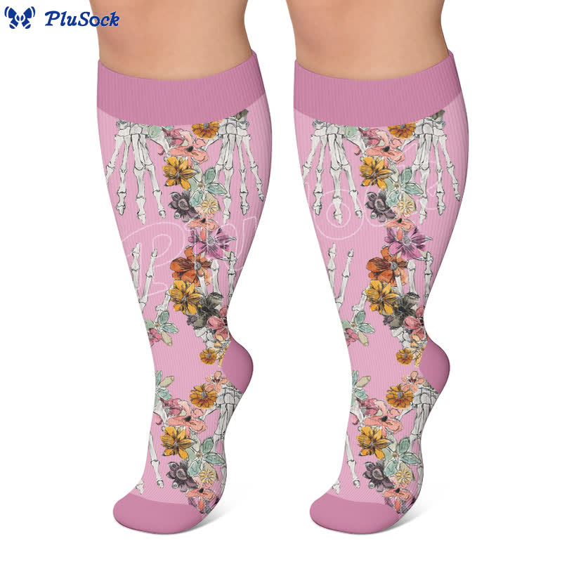 Plusock Plus Size Pink Floral Skull Compression Socks - image 2