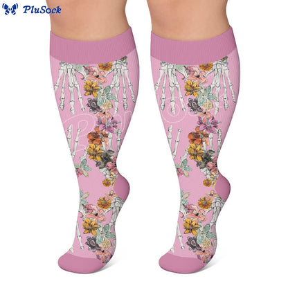 Plusock Plus Size Pink Floral Skull Compression Socks - image 2