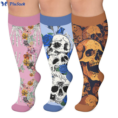 Plusock Plus Size Pink Floral Skull Compression Socks - image 0