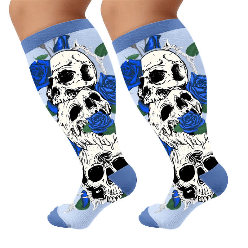 Plusock Plus Size Pink Floral Skull Compression Socks - Blue (1 Pair) - 4XL - image 6