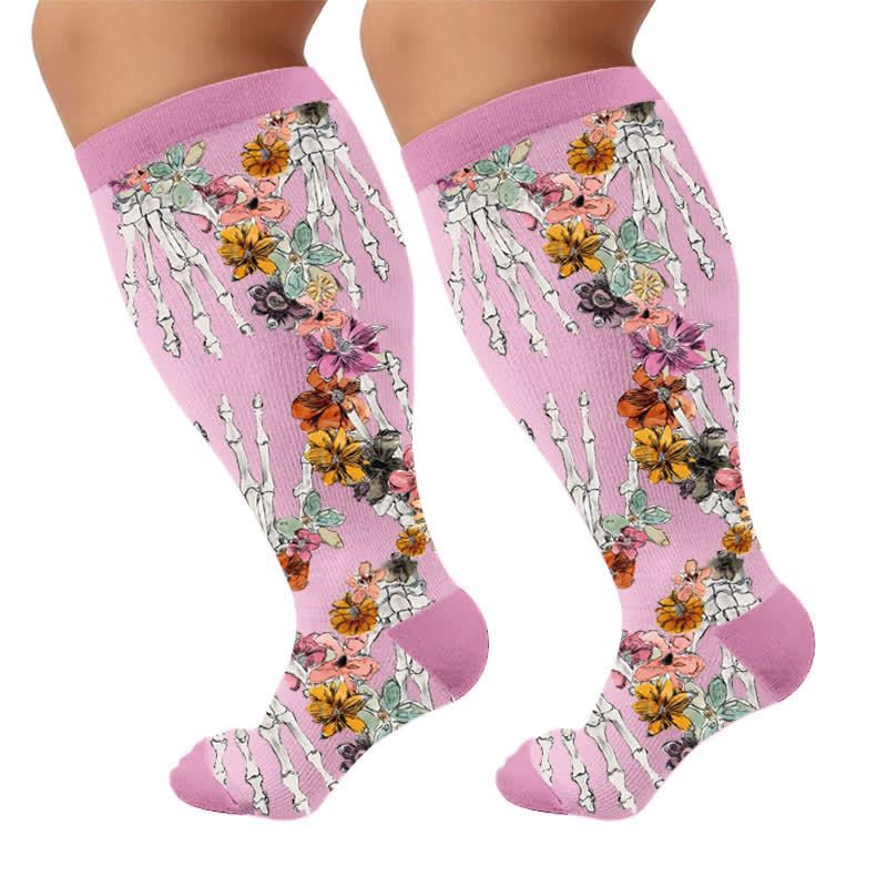 Plusock Plus Size Pink Floral Skull Compression Socks - Pink (1 Pair) - 4XL - image 5