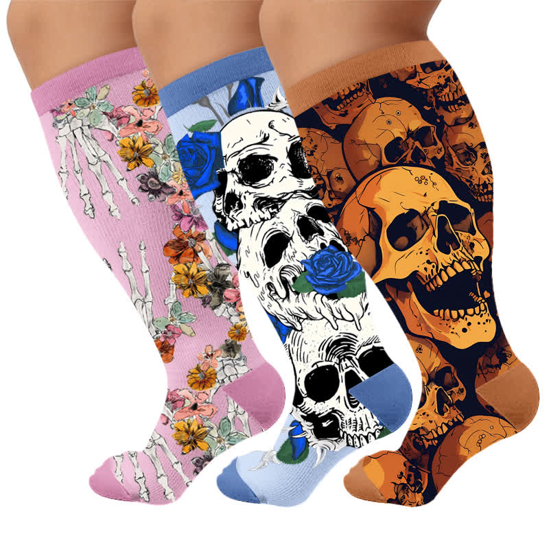 Plusock Plus Size Pink Floral Skull Compression Socks - Multicolor (3 Pairs) - 4XL - image 1