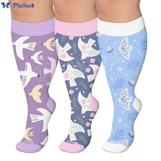 Plusock Plus Size Pastel Flying Birds Compression Socks - image 0