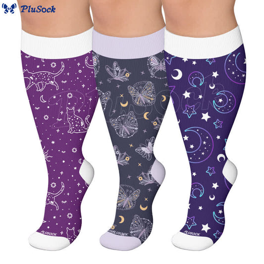 Plusock Plus Size Purple Celestial Cat Compression Socks - image 0