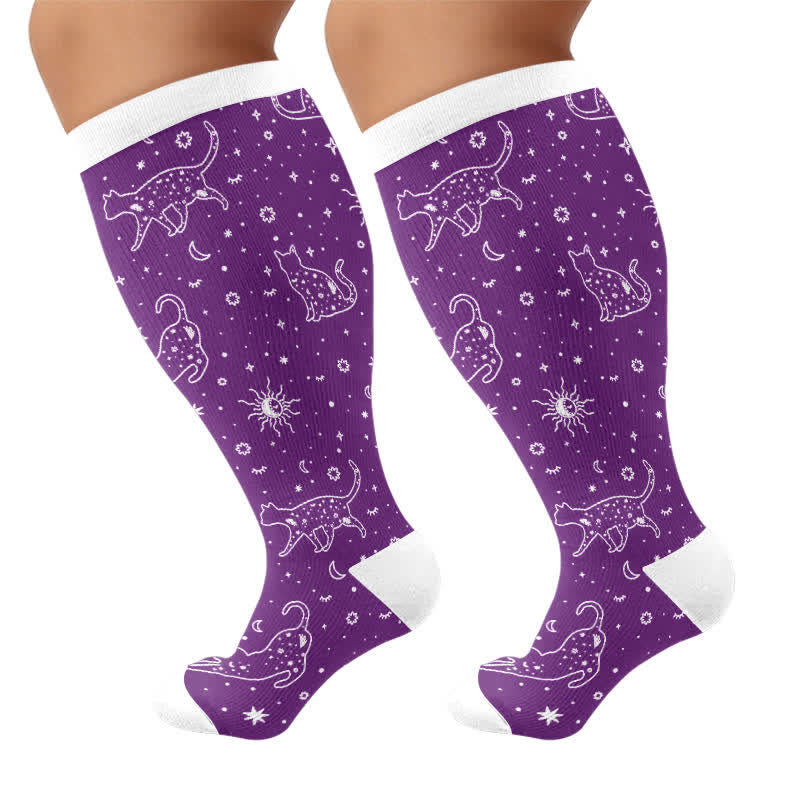 Plusock Plus Size Purple Celestial Cat Compression Socks - Purple(1 Pair) - 4XL - image 6