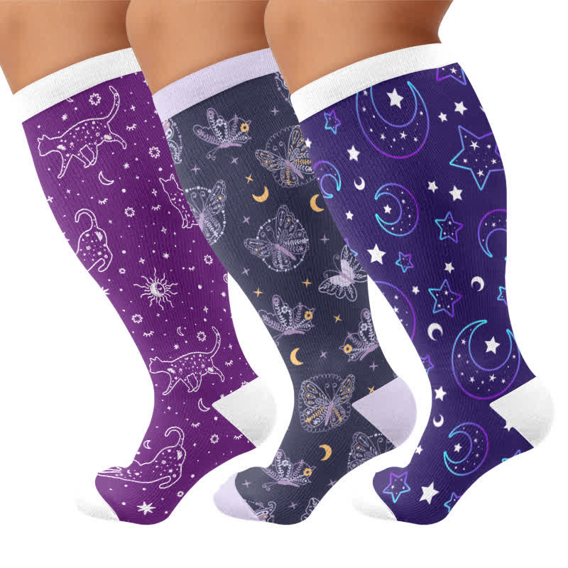 Plusock Plus Size Purple Celestial Cat Compression Socks - Multicolor(3 Pairs) - 4XL - image 1