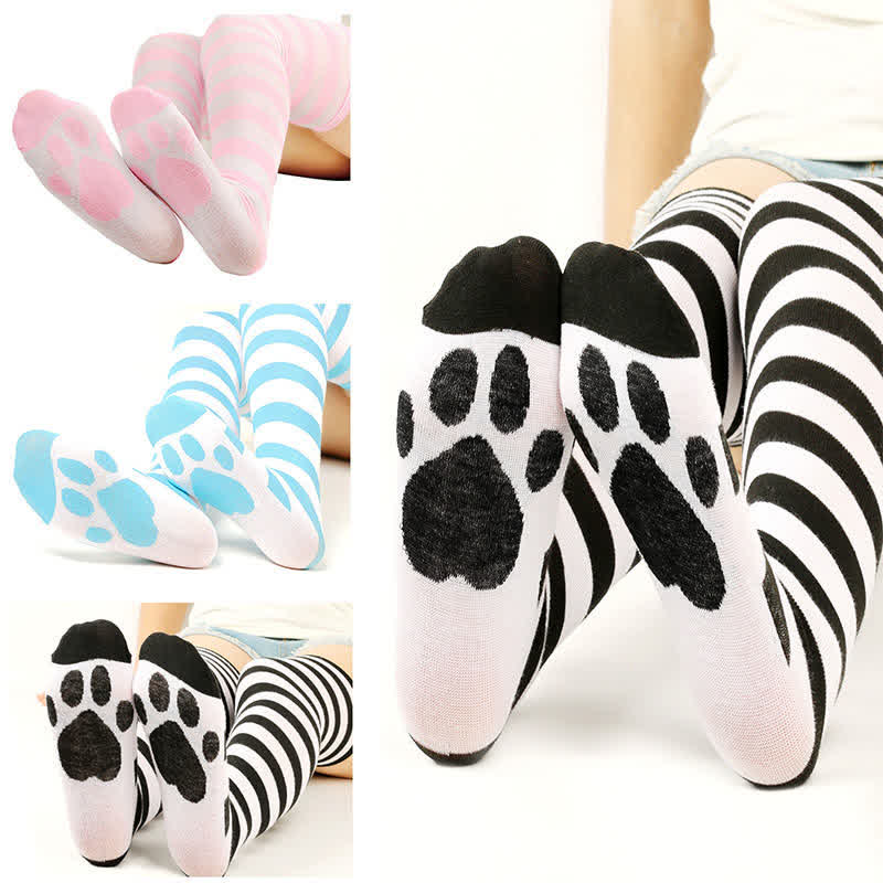 Plusock Striped Cat Paw Thigh High Socks(3 Pairs) - image 1
