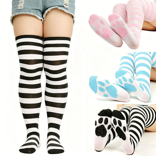 Plusock Striped Cat Paw Thigh High Socks(3 Pairs) - image 0