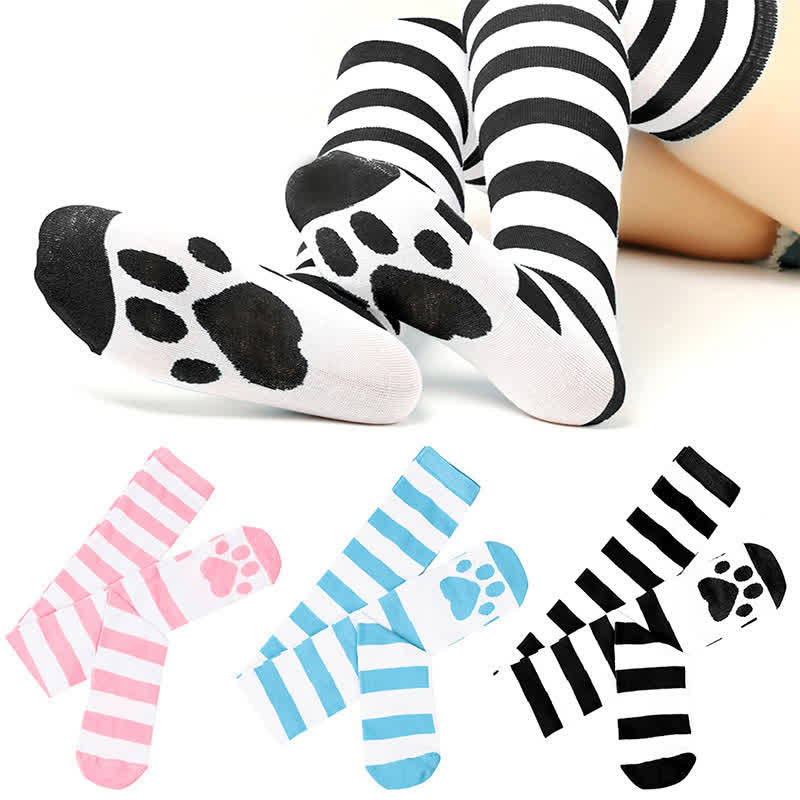 Plusock Striped Cat Paw Thigh High Socks(3 Pairs) - image 2