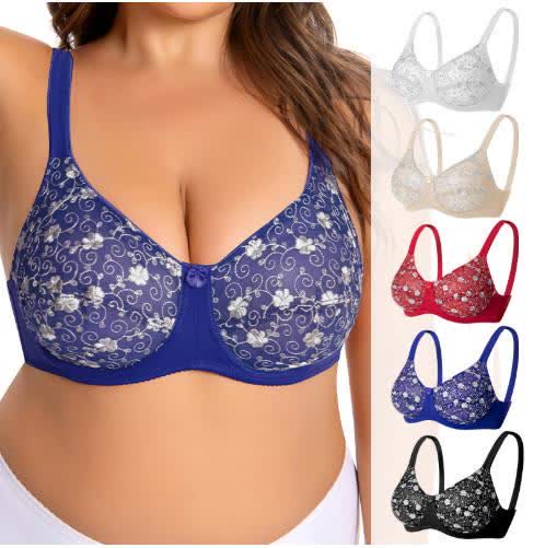 Plusock Silver Flower Embroidery Pattern Full Coverage Bras - image 0