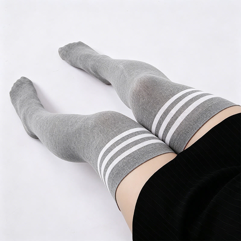 Plusock Three Bar Stripes Thigh High Socks(2 Pairs) - Grey - One Size - image 1