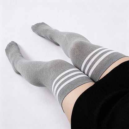 Plusock Three Bar Stripes Thigh High Socks(2 Pairs) - Grey - One Size - image 1