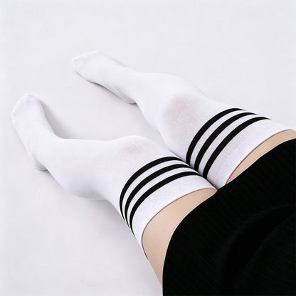 Plusock Three Bar Stripes Thigh High Socks(2 Pairs) - White - One Size - image 2