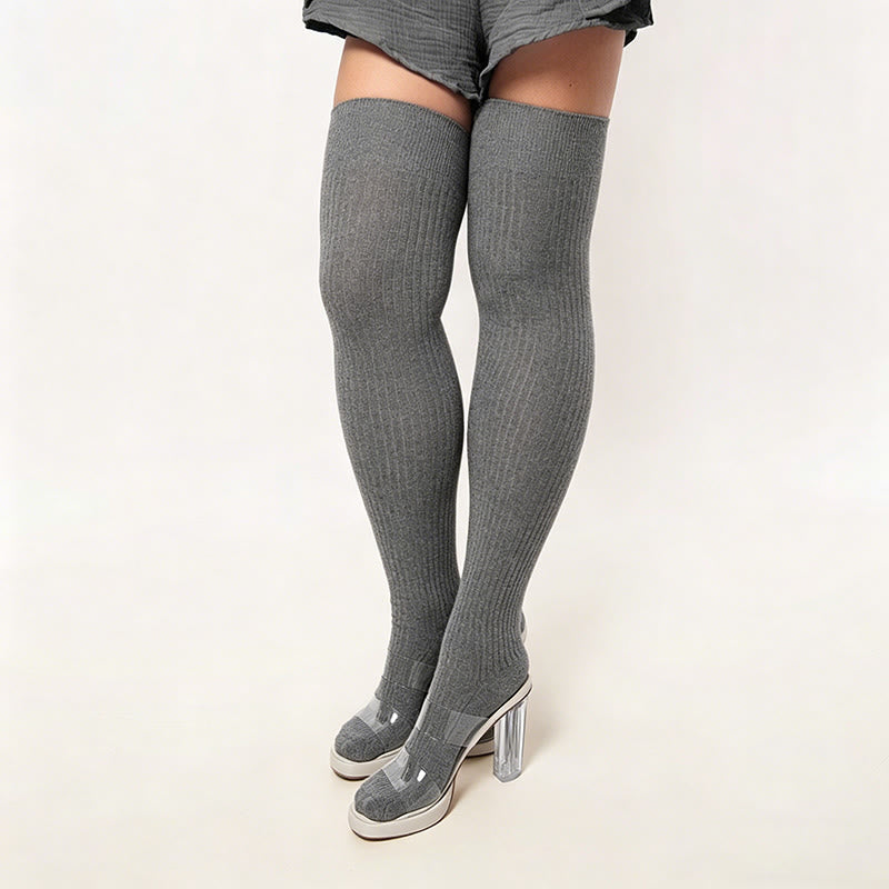 Plusock Candy Color Thigh High Socks - Grey - One Size - image 7