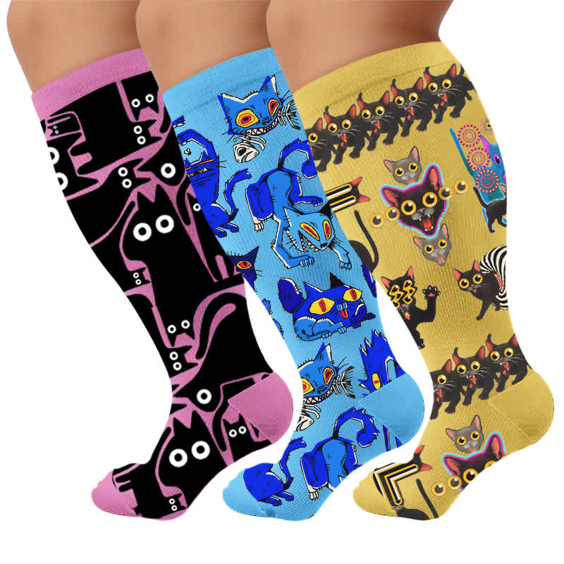 Plusock Plus Size Playful Cat Compression Socks - Multicolor (3 Pairs) - 4XL - image 1