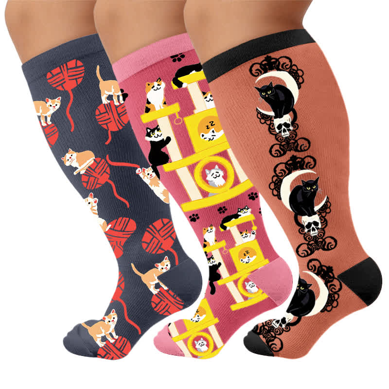 Plusock Plus Size Cat KneeHigh Compression Socks - Multicolor (3 Pairs) - 4XL - image 1