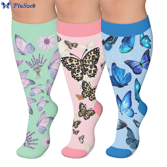 Plusock Plus Size Pastel Floral Butterfly Compression Socks - image 0