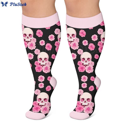 Plusock Plus Size Gothic Rose Skull Compression Socks - image 2