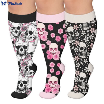 Plusock Plus Size Gothic Rose Skull Compression Socks - image 0
