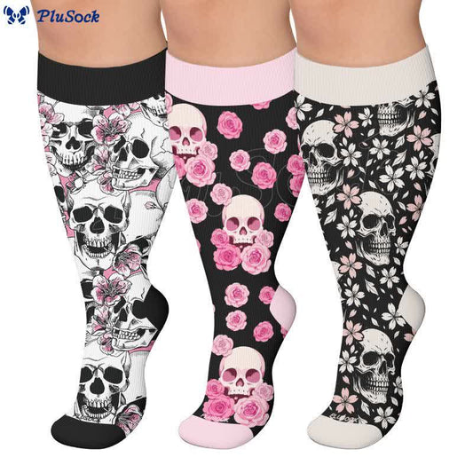 Plusock Plus Size Gothic Rose Skull Compression Socks - image 0