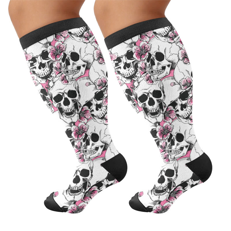 Plusock Plus Size Gothic Rose Skull Compression Socks - White(1 Pair) - 4XL - image 7